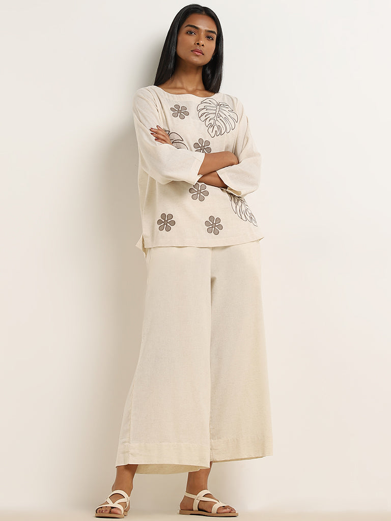 Utsa Beige Flared High-Rise Cotton-Blend Palazzos
