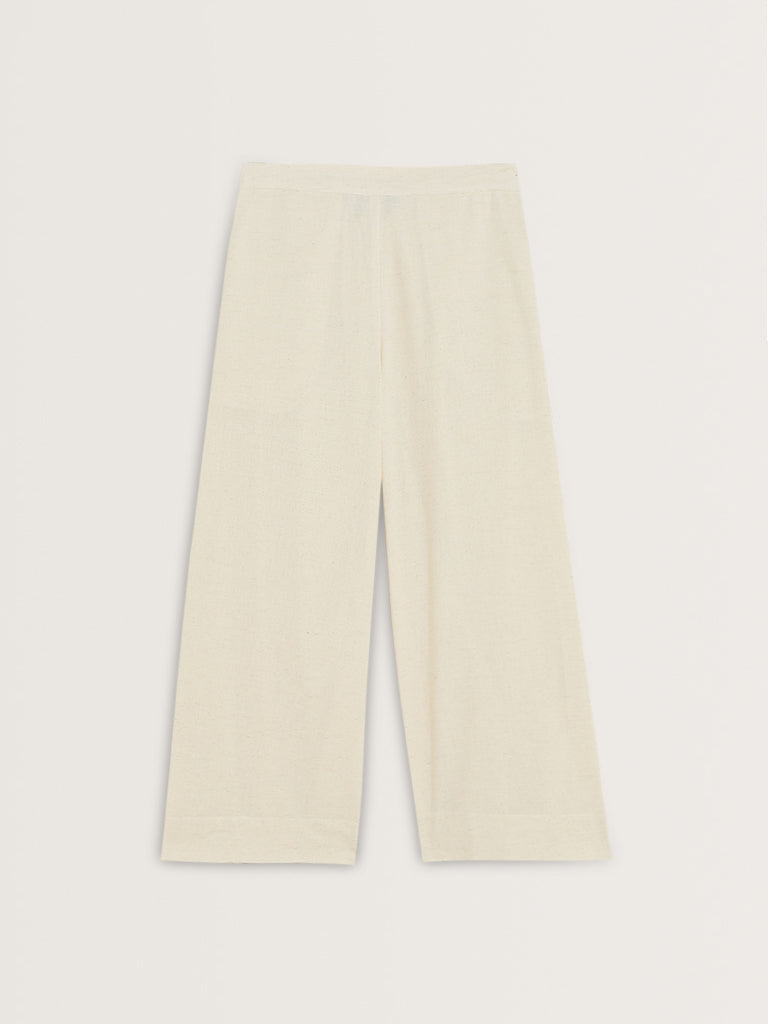 Utsa Beige Flared High-Rise Cotton-Blend Palazzos