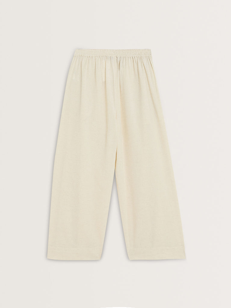Utsa Beige Flared High-Rise Cotton-Blend Palazzos