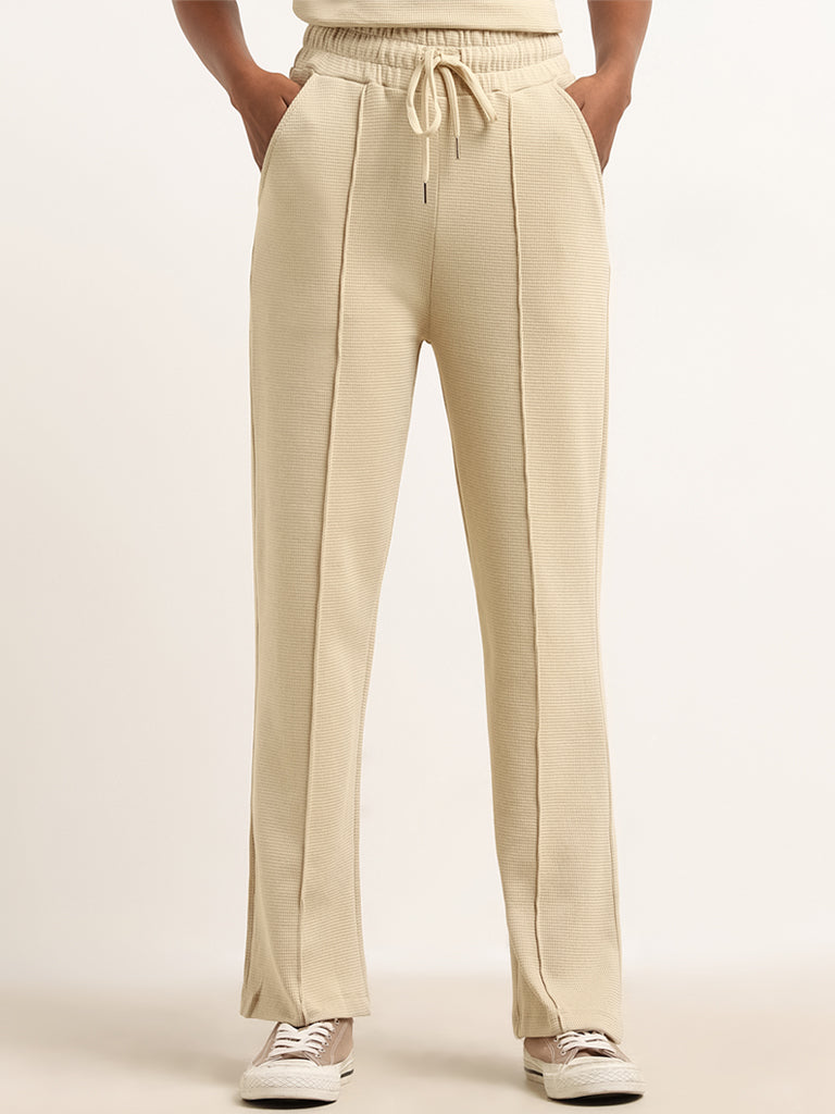 Studiofit Beige Waffle Textured Cotton High Rise Track Pants