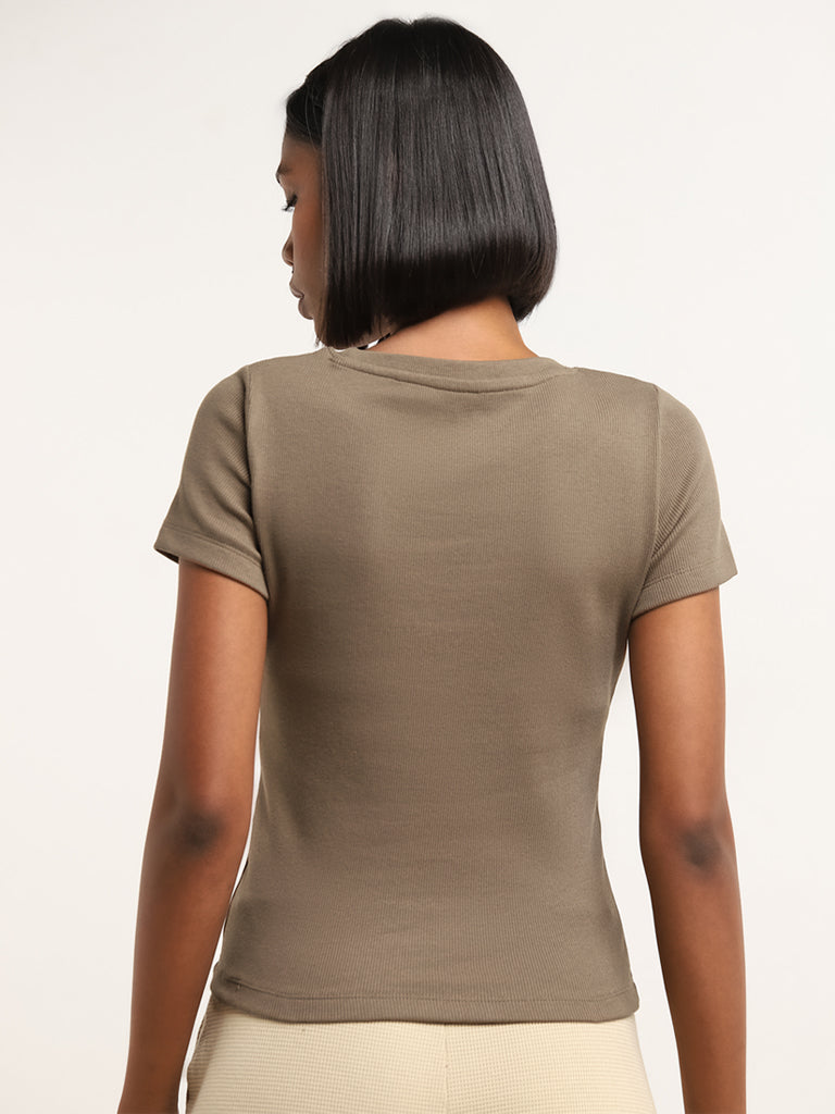 Studiofit Olive Cotton Blend Ribbed T-Shirt