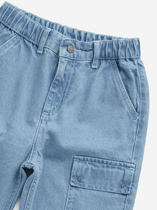 HOP Kids Blue Cargo-Style Mid-Rise Cotton Jeans