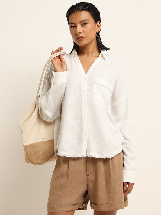 LOV White Frayed Pattern Blended Linen Shirt