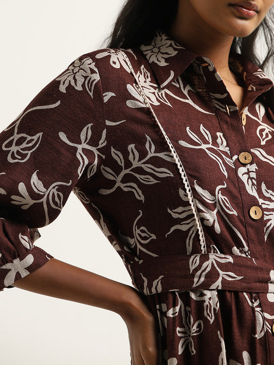 LOV Brown Floral Design Shirt Cotton Dress with Belt