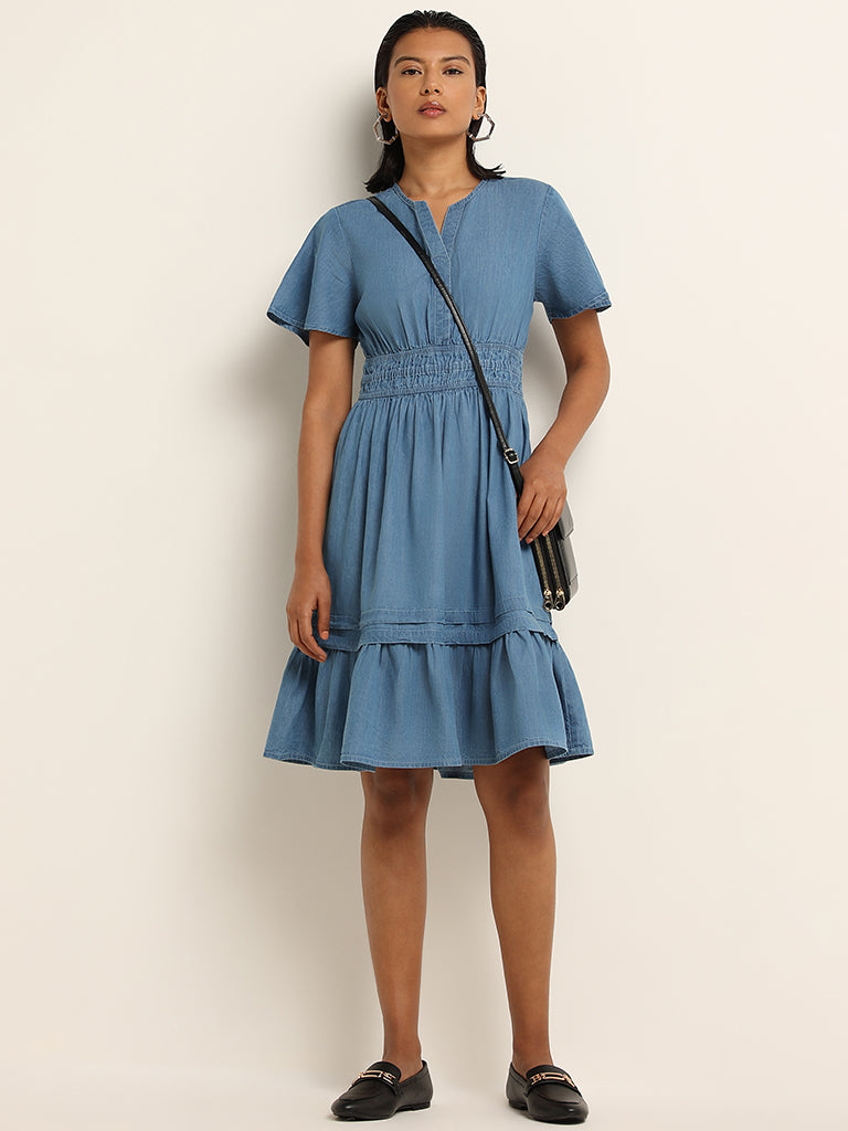 Buy LOV Blue Solid Cotton Blend Tiered Short Dress from Westside
