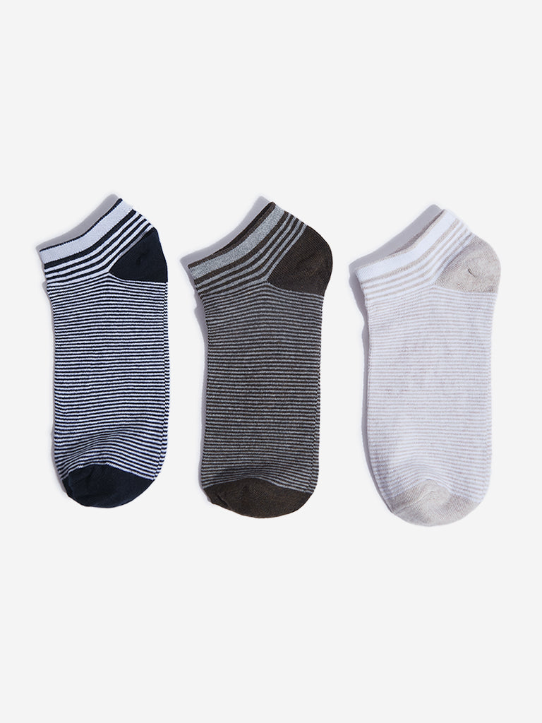 WES Lounge Blue Striped Cotton Blend Socks - Pack of 3