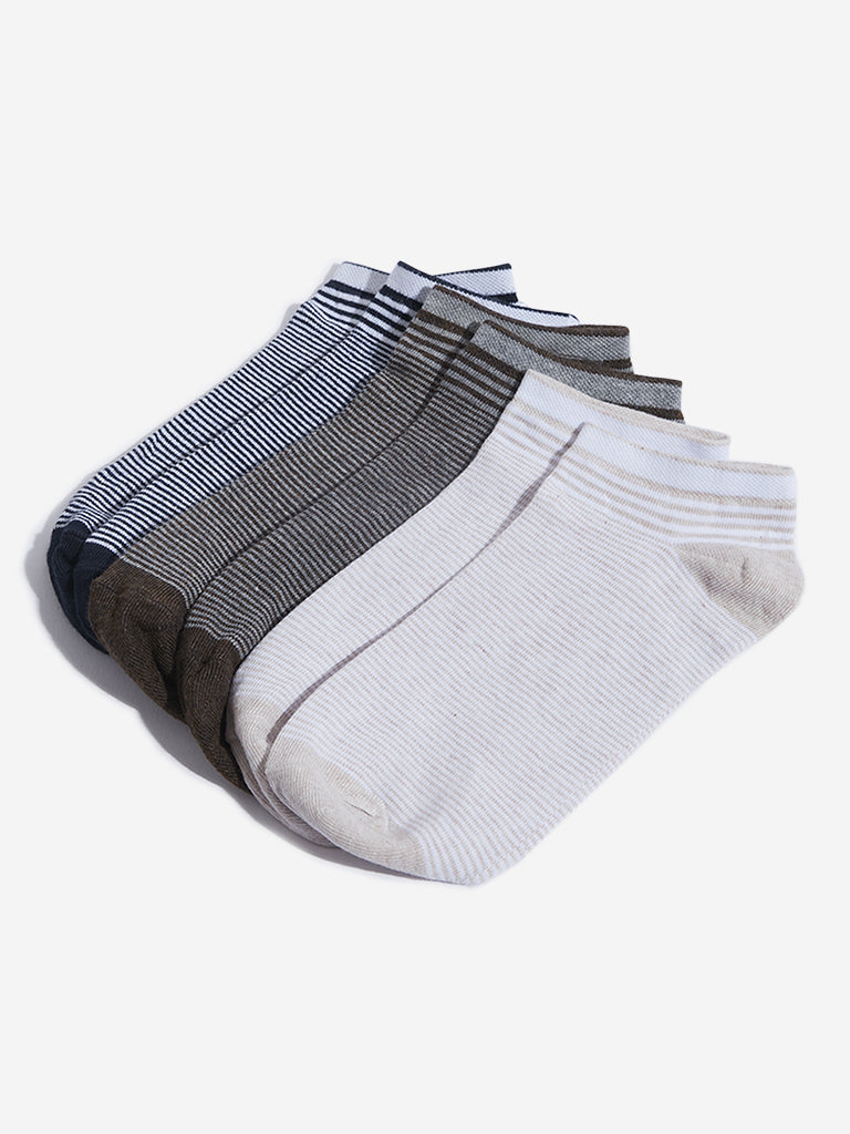 WES Lounge Blue Striped Cotton Blend Socks - Pack of 3