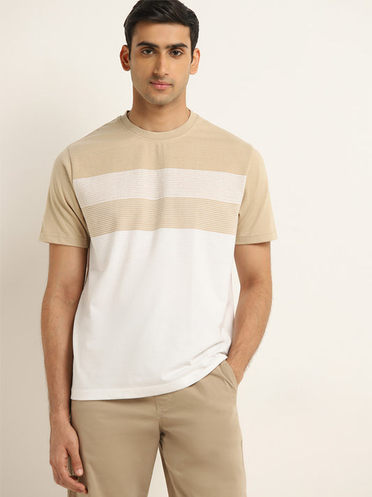 WES Lounge Beige Colour-Blocked Relaxed-Fit T-Shirt