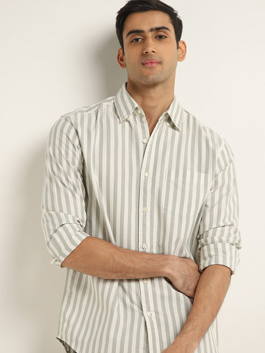 WES Casuals Sage Stripe Printed Relaxed-Fit Cotton Shirt