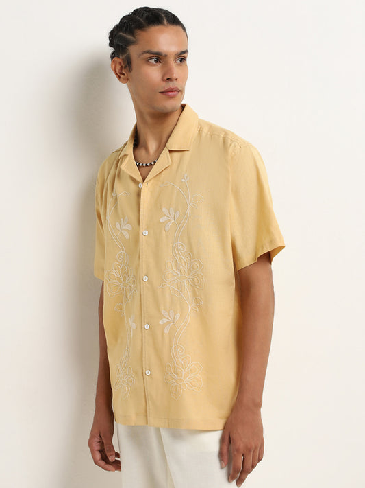ETA Dusty Yellow Embroidered Relaxed-Fit Cotton Shirt