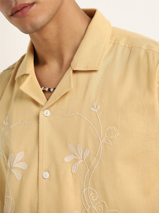 ETA Dusty Yellow Embroidered Relaxed-Fit Cotton Shirt