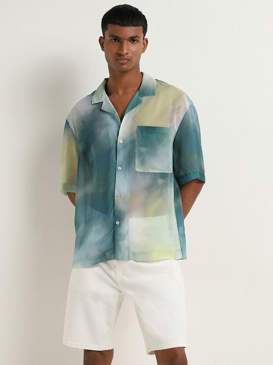 Nuon Light Teal Abstract Design Relaxed Fit Shirt