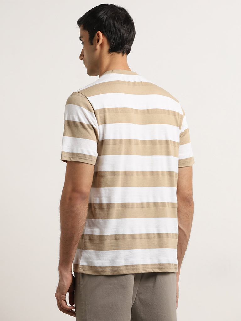 Westside WES Lounge Men's Beige Striped Relaxed-Fit T-Shirt for Casual Wear Back View