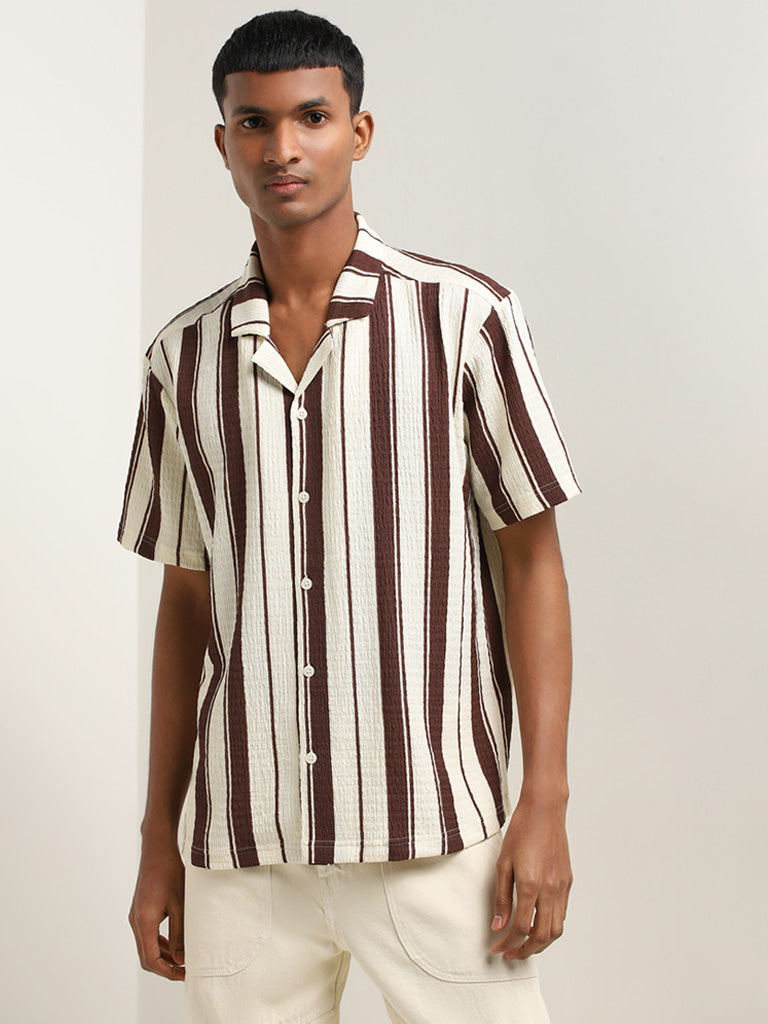 Buy Nuon Dark Brown Stripe Printed Textured Relaxed Fit Shirt from Westside