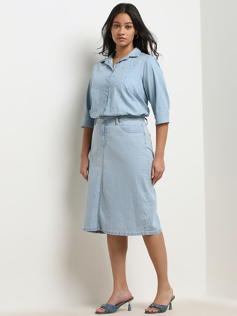 Light blue high waisted denim skirt deals