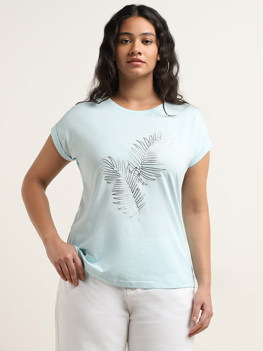 Gia Light Blue Leaf Printed Cotton T-Shirt