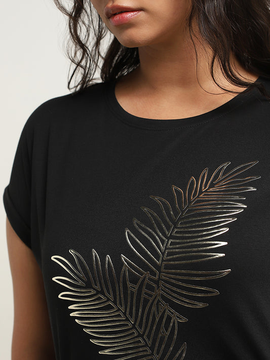 Gia Black Cotton Leaf Design T-Shirt