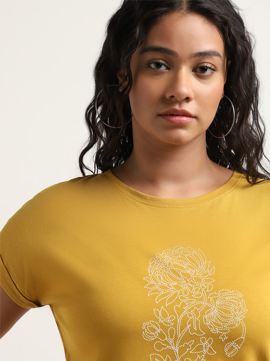 Gia Mustard Floral Printed Cotton T-Shirt