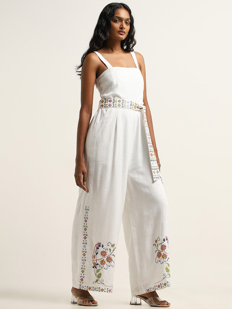 Buy LOV White Floral Cotton Jumpsuit with Belt from Westside