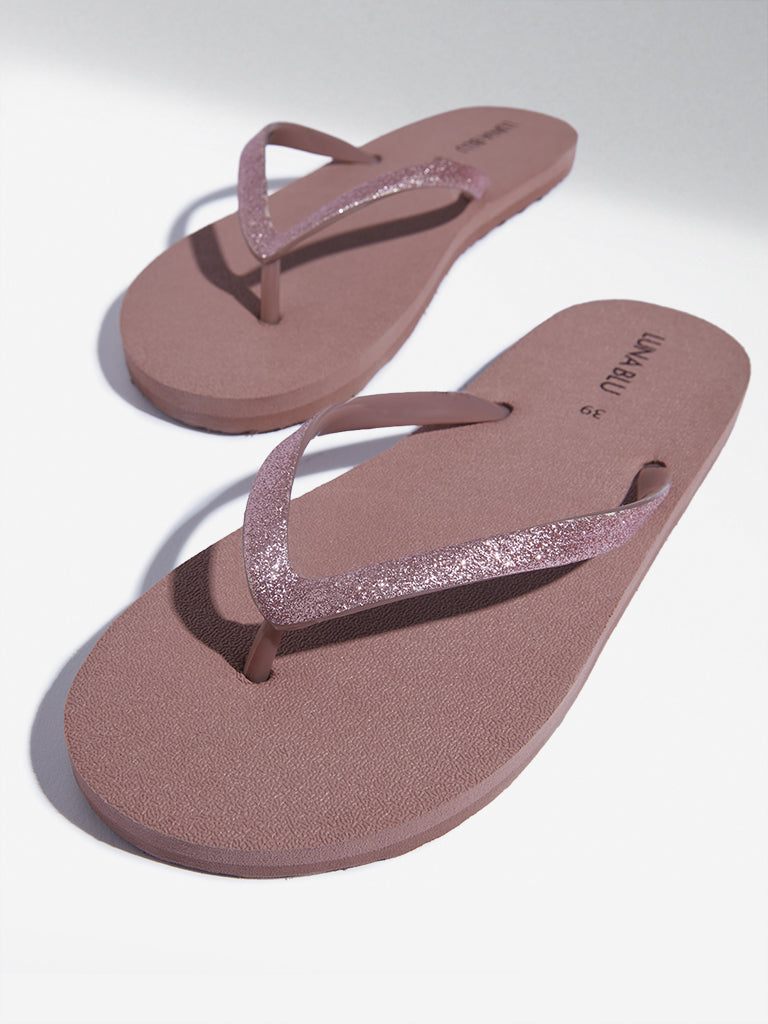 Westside LUNA BLU Women's Dusty Pink Shimmer Detailed Flip-Flops Zoomed View