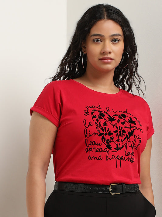 Gia Red Text Printed Cotton T-Shirt