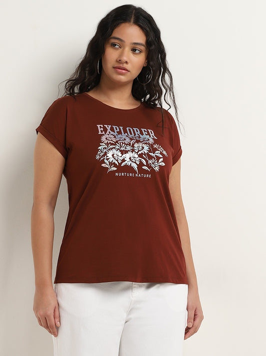 Gia Brown Text Printed Cotton T-Shirt