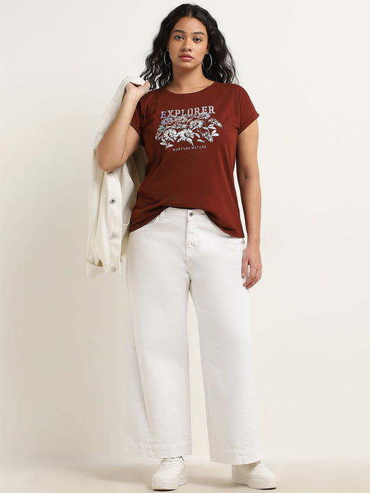 Gia Brown Text Printed Cotton T-Shirt