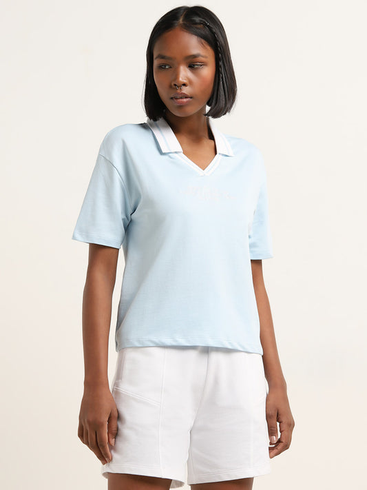 Studiofit Light Blue Text Design Collared Cotton T-Shirt