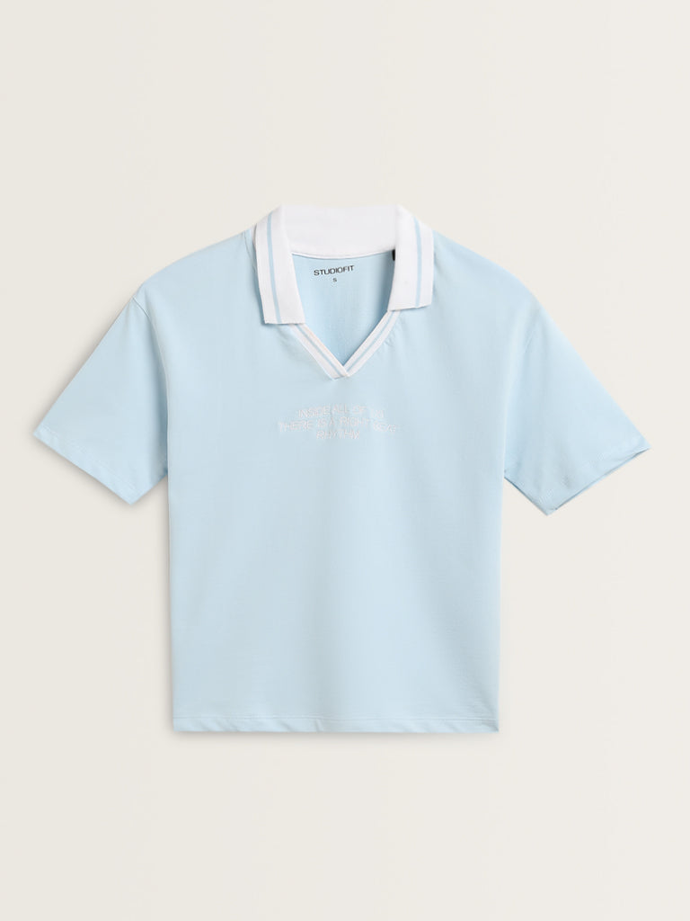 Studiofit Light Blue Text Design Collared Cotton T-Shirt
