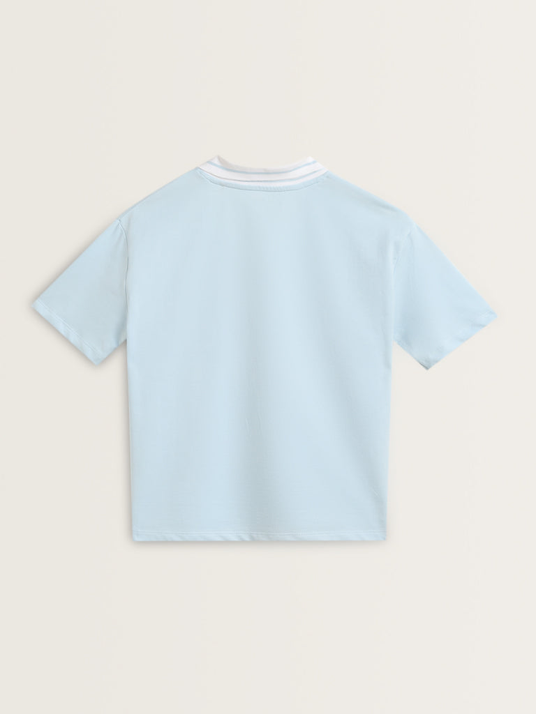 Westside Studiofit Women's Light Blue Text Design Collared Cotton T-Shirt for Sports Wear Flatly Back view