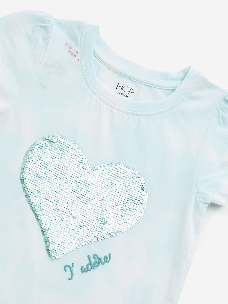 Westside HOP Kids Mint Heart Sequin Design Cotton T-Shirt for Casual Wear Zoomed View