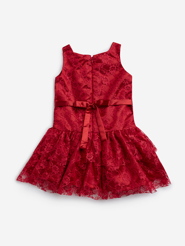 HOP Kids Red Lace Embroidered A-Line Dress