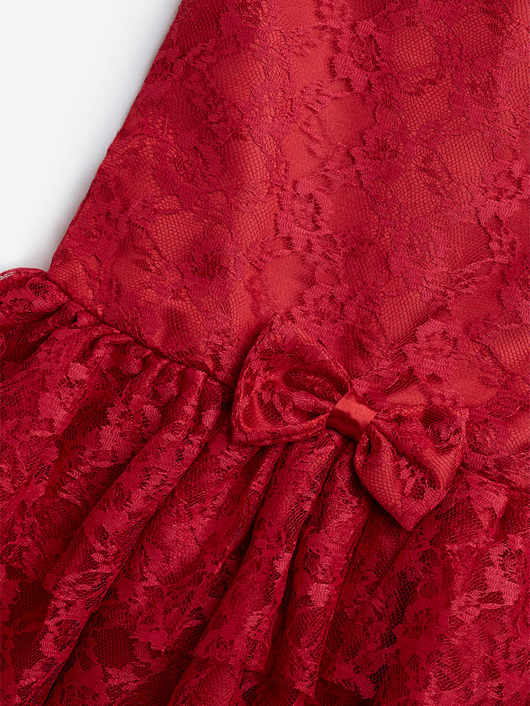 HOP Kids Red Lace Embroidered A-Line Dress