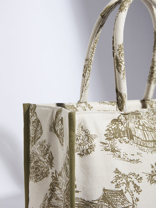 Westside Accessories Olive and Beige Chinese House Inspired Tote Bag