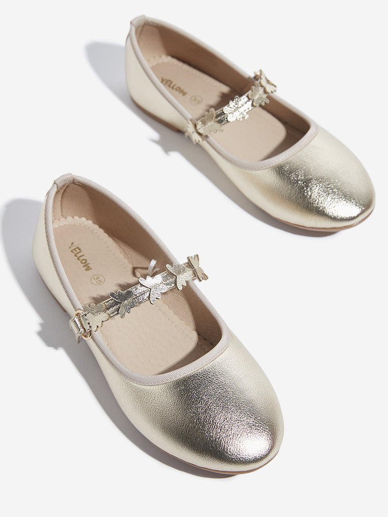 Westside Yellow Kids Dull Gold Butterfly Applique Mary Jane Shoes for Casual Wear Zoomed View