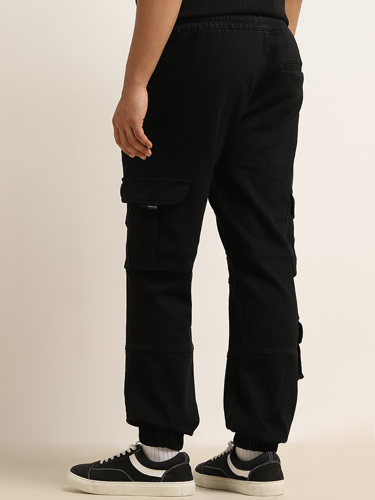 Nuon Black Relaxed-Fit Mid-Rise Cotton-Blend Cargo Chinos