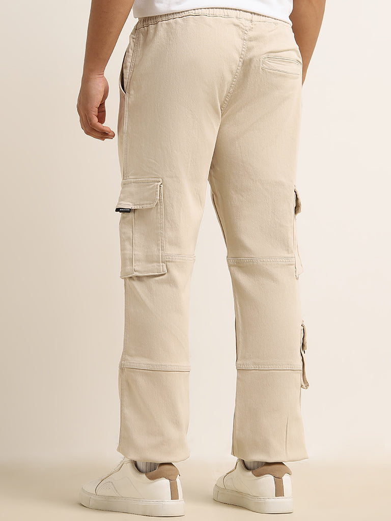 Nuon Beige Relaxed-Fit Mid-Rise Cotton-Blend Cargo Chinos