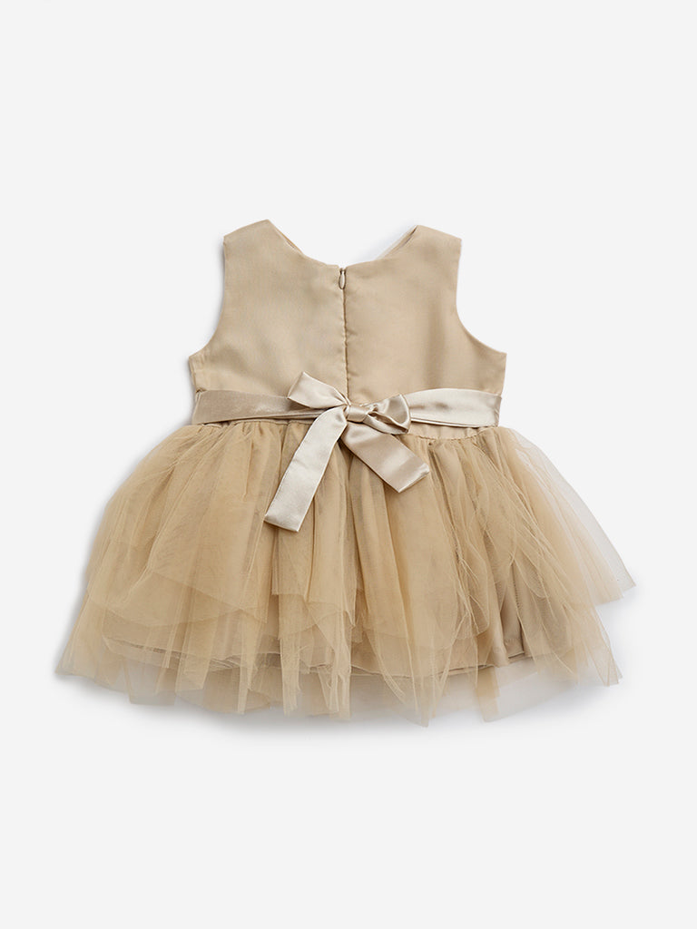 HOP Baby Beige Bow Design Mesh A-Line Dress