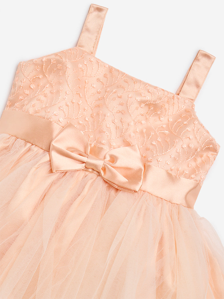 Westside HOP Baby Girl's Peach Floral Embroidered Party Dress for Party Wear Zoomed View