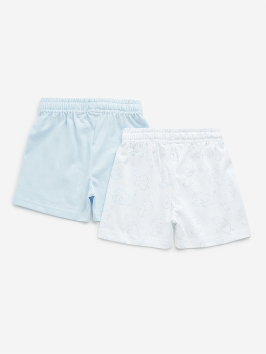 HOP Baby Light Blue Elephant Design Mid-Rise Cotton Shorts - Pack of 2