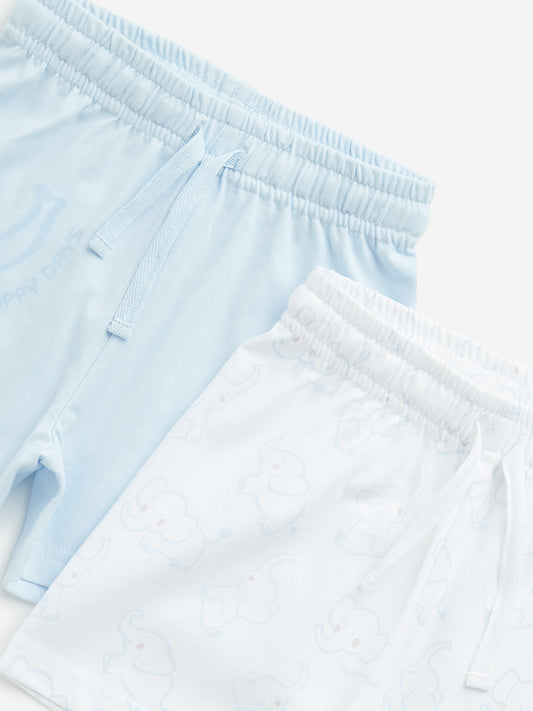 HOP Baby Light Blue Elephant Design Mid-Rise Cotton Shorts - Pack of 2
