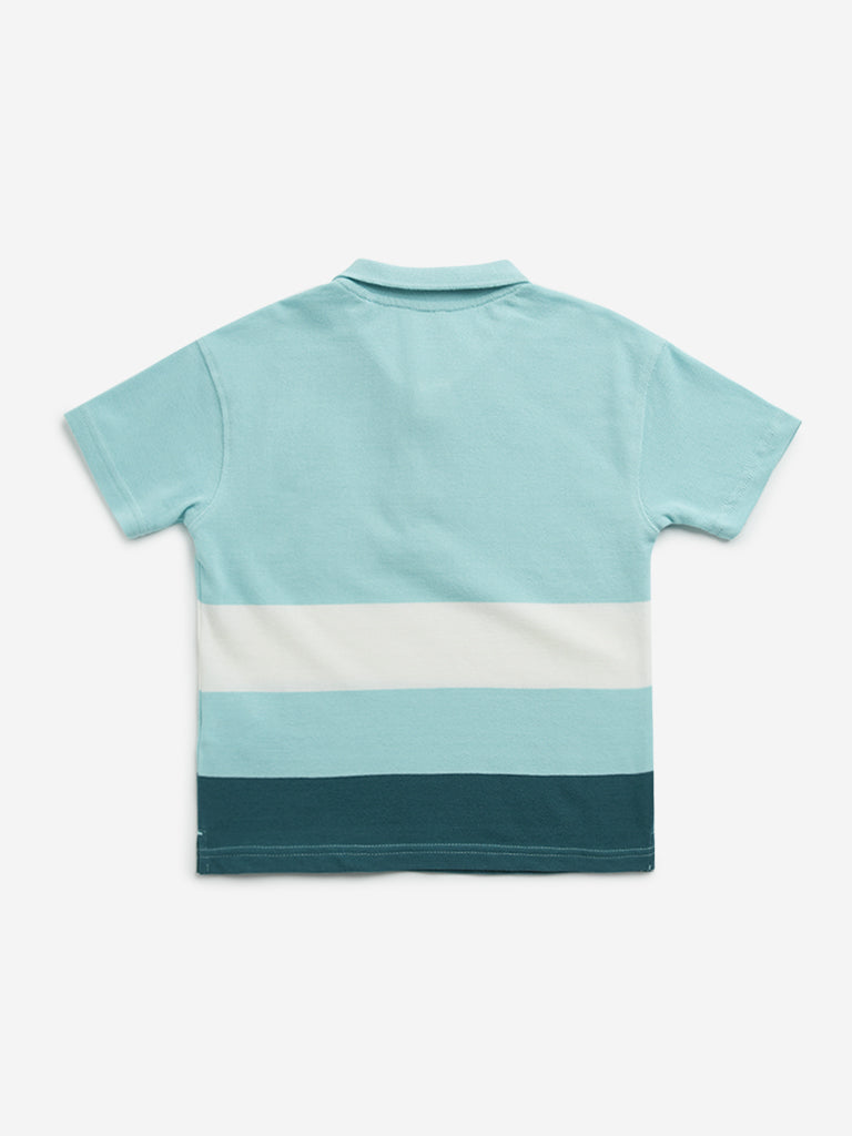HOP Kids Aqua Colour-Blocked Design Cotton Polo T-Shirt