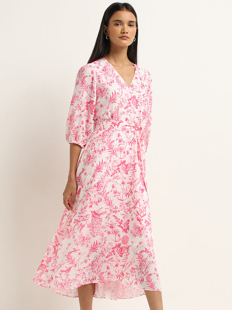 Buy Wardrobe Pink Floral Printed A Line Dress with Belt from Westside