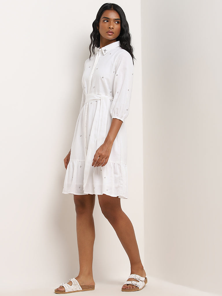 Buy LOV White Diamante Design Shirt Cotton Dress with Belt from Westside