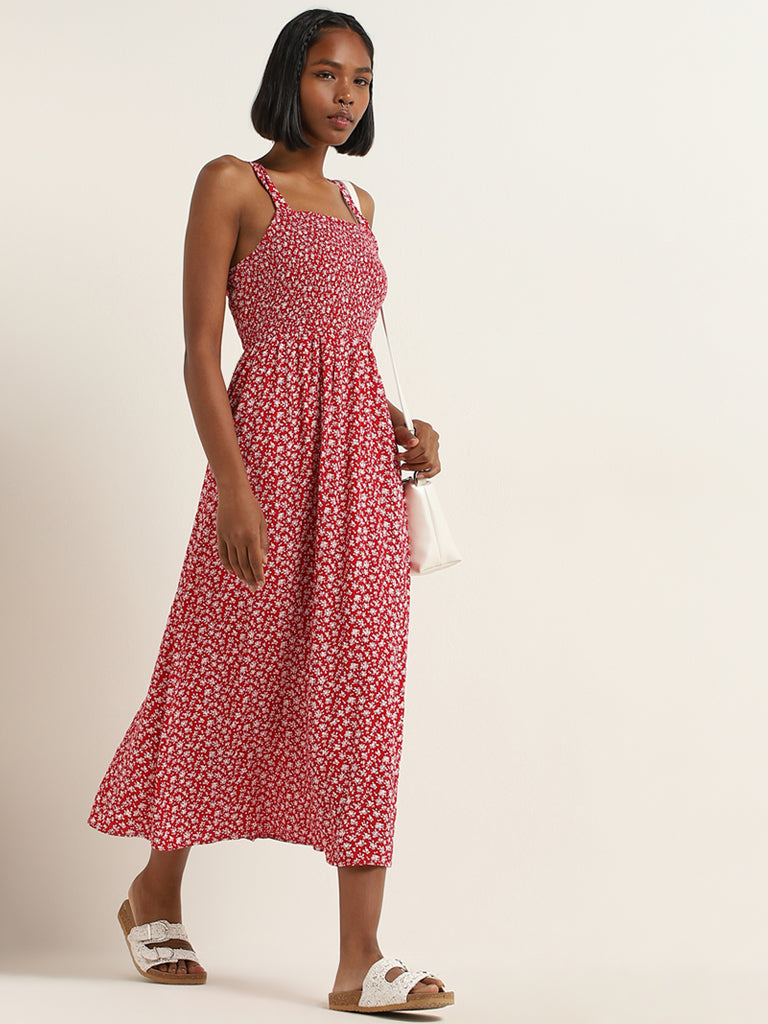 Buy Nuon Red Floral Printed A Line Dress from Westside