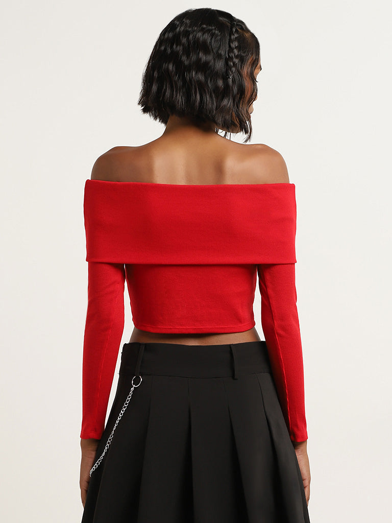 Nuon Red Ribbed Textured Off-Shoulder Cotton-Blend Crop Top
