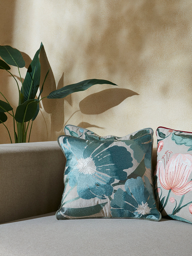Buy Westside Home Aqua Floral Embroidered Cushion Cover from Westside
