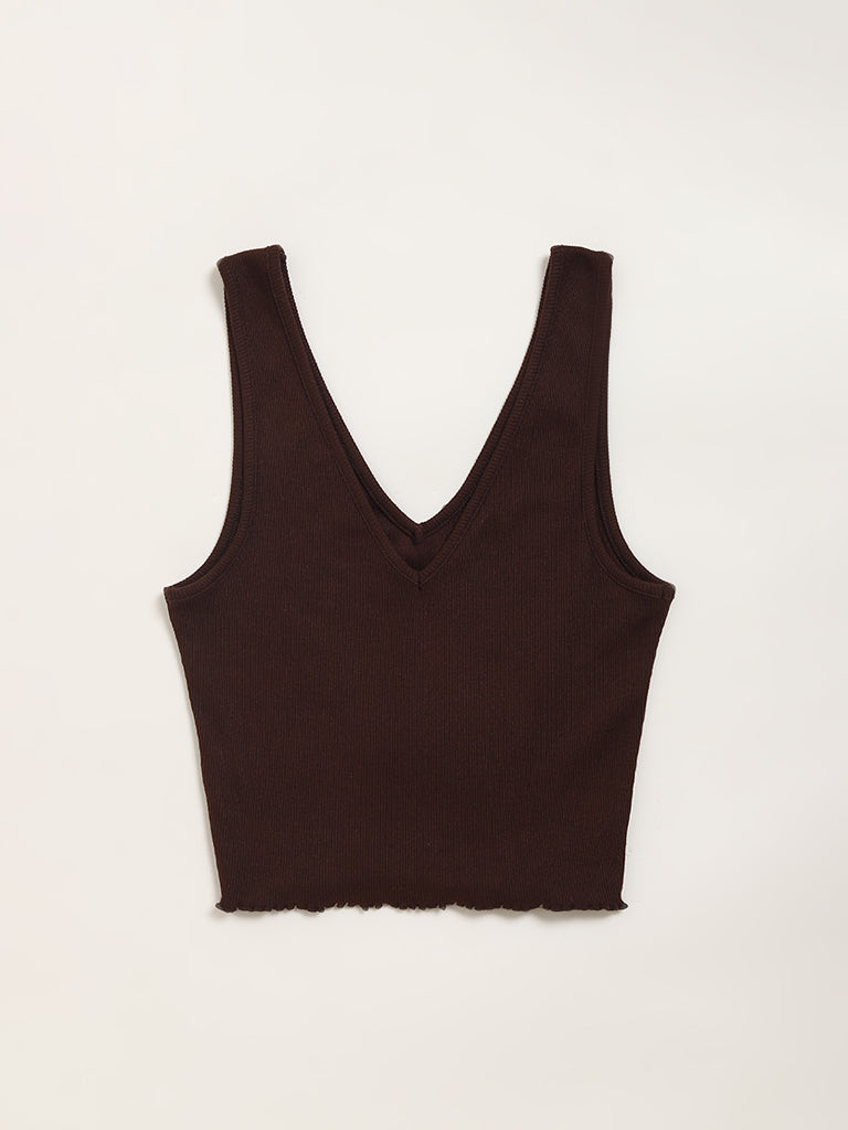 Superstar Brown Ribbed Cotton-Blend Top