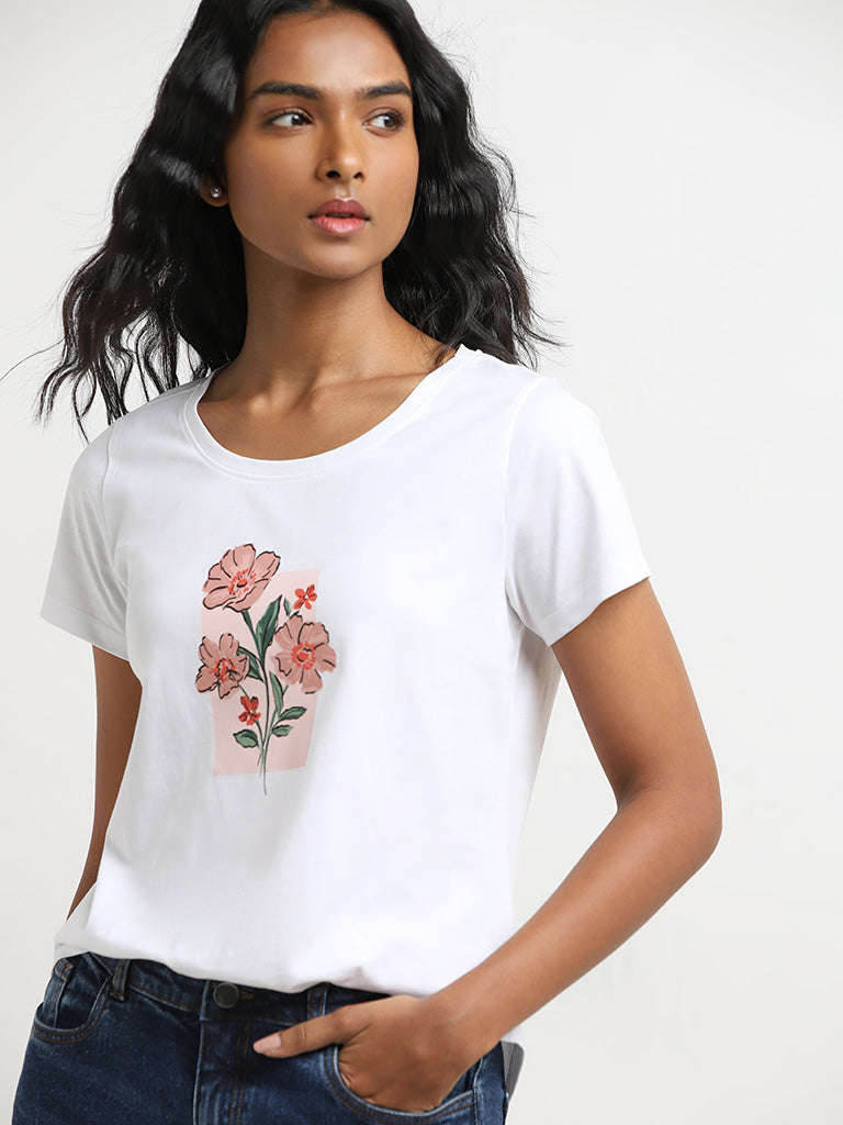 Buy LOV White Floral Printed Cotton T Shirt from Westside