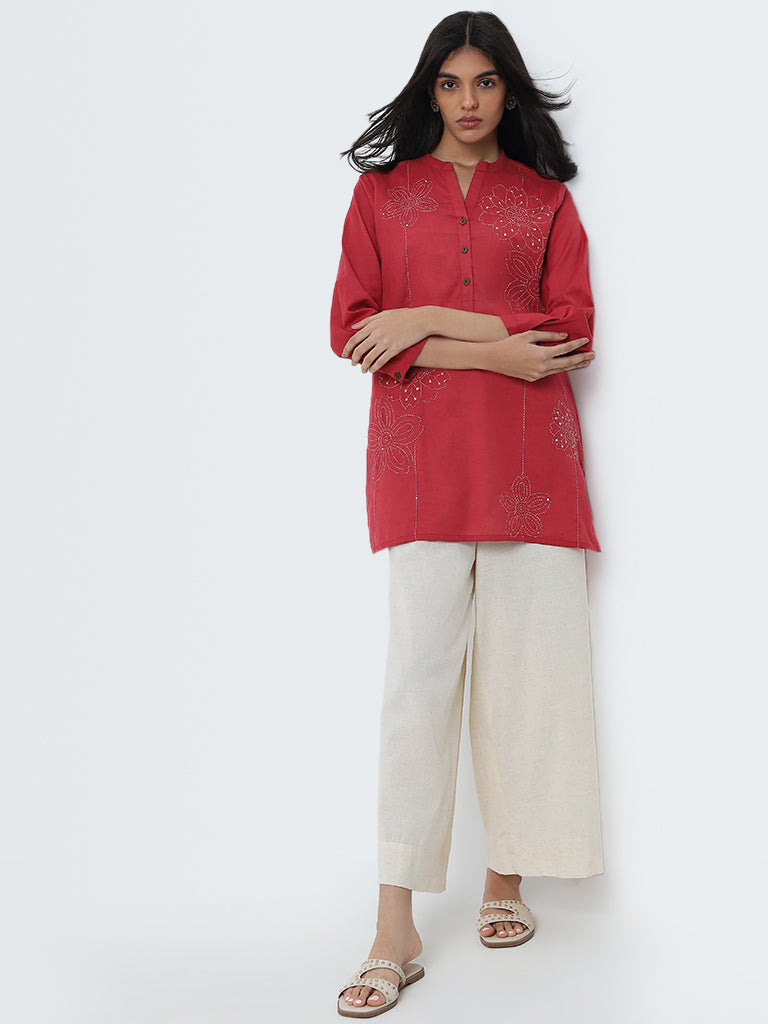 Buy Utsa Red Floral Embroidered Straight Cotton Kurti from Westside